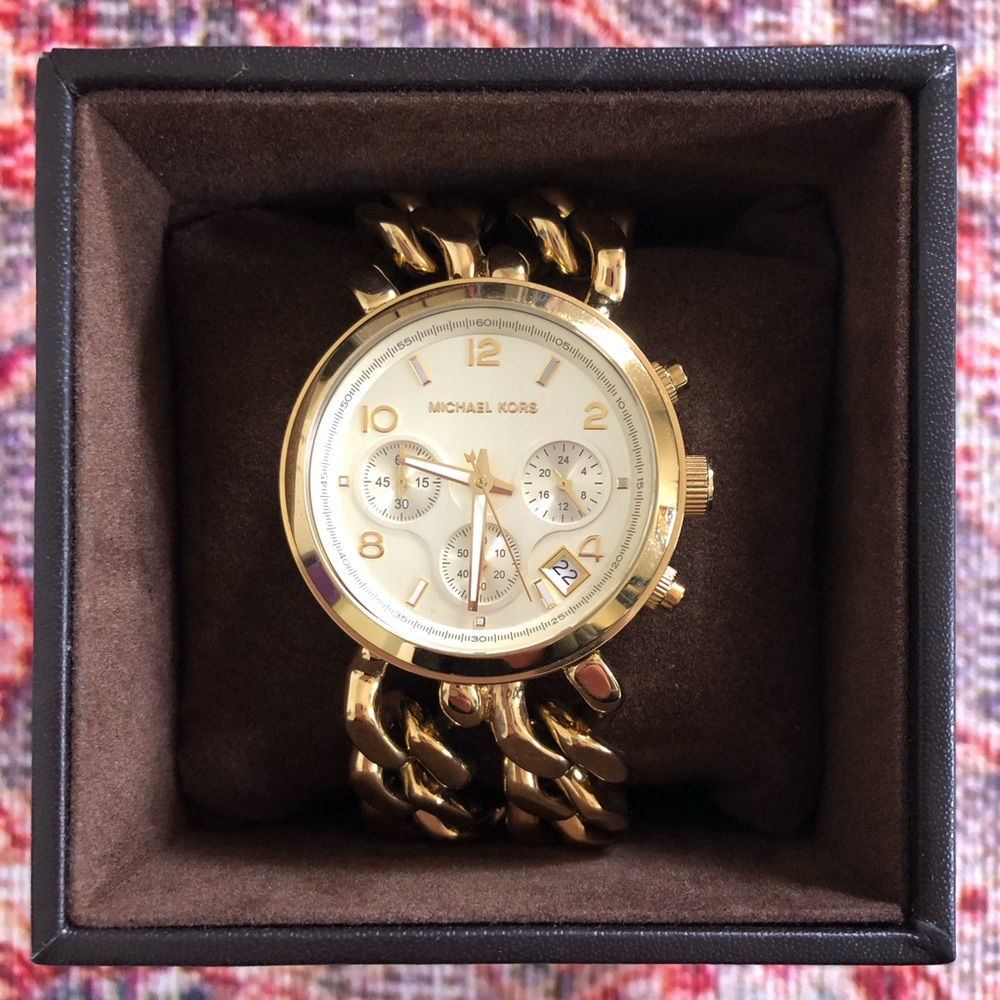 Michael Kors gold tone + leather watch EUC